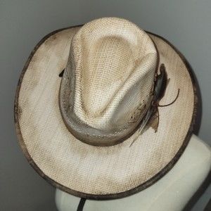Like NEW! Distressed Wide Brim  Straw Feather Fedora Cowboy  Unisex 7 1/8. 56 57